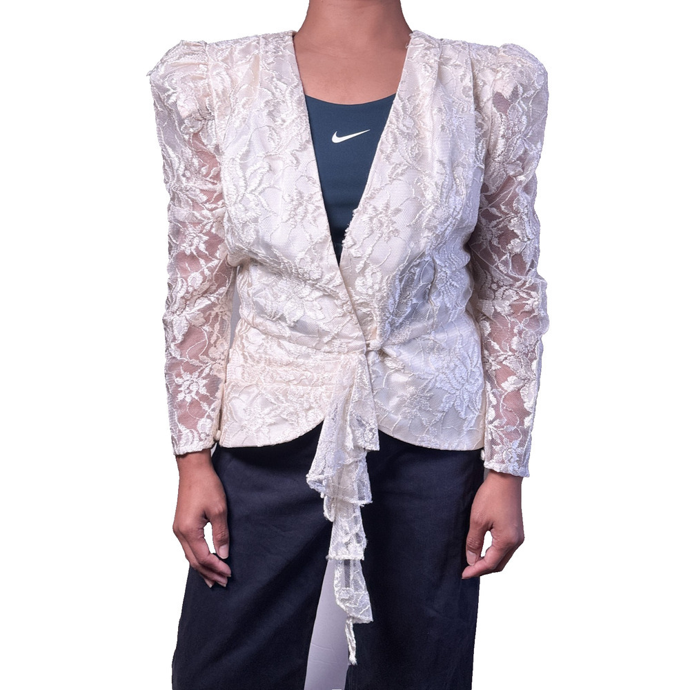 Vintage Lace Peplum Blouse Ivory Romantic Bridal Cottagecore Puff Sleeve Top - Picture 15 of 16